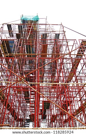Temporary scaffold for construction works at building site.