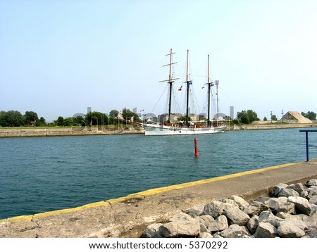 Tree masts sailing ship. Tourist attraction sailing ship living Welland canal in Ontario.