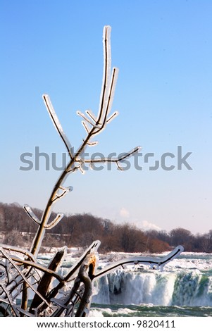 Frozen bush branch. Brunch of a bush covered with frozen mist from Niagara Falls. In back is seen the upper edge of Canadian Niagara Fall.