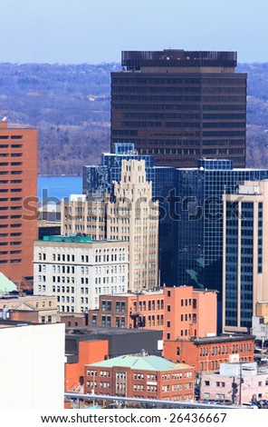 Hamilton, Ontario, Downtown  in cold  sunny day. Downtown buildings in typical North American town.