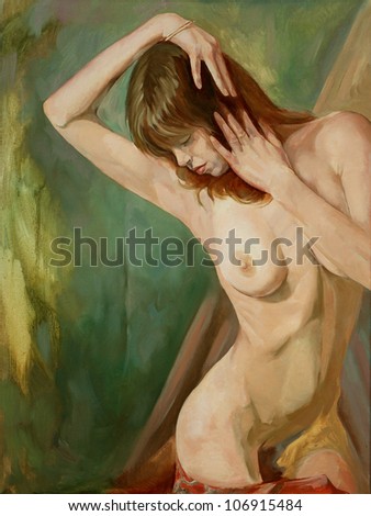 painting, illustration, art nude, young woman