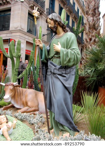 BARCELONA- DECEMBER 3, Sacred John. Outdoor nativity scene of life-sized figurines on area Sant Jaume, December 3, 2009 Barcelona, Spain. Author of project Association Nativity scene Barcelona