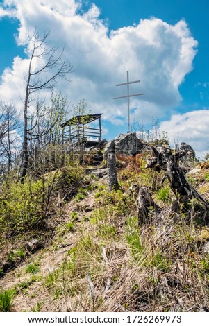 Little Kohut hill with double cross and wooden shelter, Stolica mountains, Slovak republic. Hiking theme. Zdjęcia stock © 