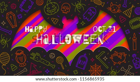 Silhouette of a bat cutout in paper on a background with linear halloween signs and symbols. Vector illustration.