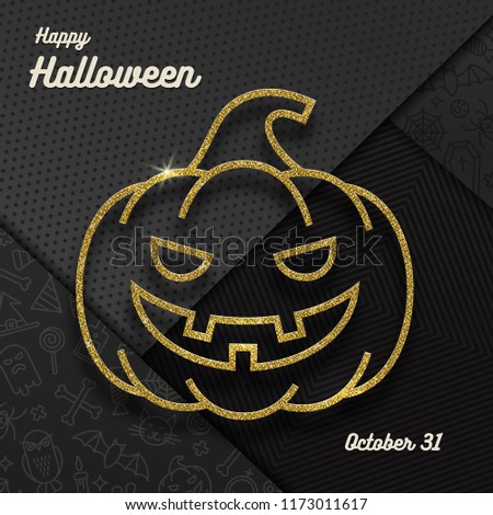 Glitter gold contour of a Jack-o-lantern pumpkin and Halloween greeting on a black background with linear halloween signs and symbols. Vector illustration,