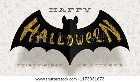 Halloween Vector illustration. Glitter gold greeting on a silhouette of black paper bat, against a background with linear Halloween signs and symbols.
