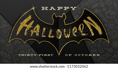 Halloween Vector illustration. Glitter gold greeting on a silhouette of paper bat, against a black paper background with linear Halloween signs and symbols.