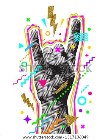 Rock'n'roll or Heavy Metal hand sign. Two fingers up. Engraved style hand and multicolored abstract elements. Vector illustration.