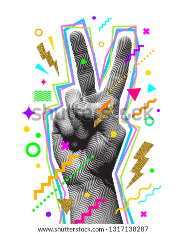 Peace hand sign. Engraved style hand and multicolored abstract elements. Vector illustration.