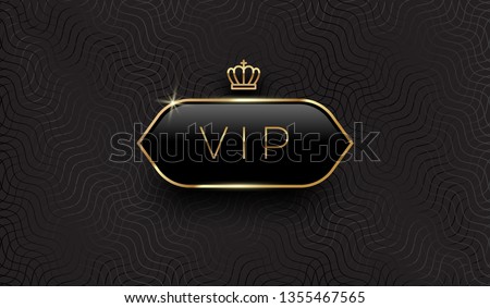 Vip black glass label with golden crown and frame on a black pattern background. Premium design. Luxury template design. Vector illustration.