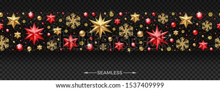 Christmas horizontal seamless pattern with Christmas decoration - stars, ruby gems, golden snowflakes, beads and glitter gold.