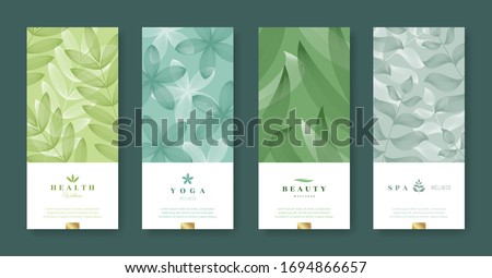 Leaves and nature banner set. Beauty and health minimal design. Voucher template with logo - health, yoga, beauty, spa. Vector illustration.