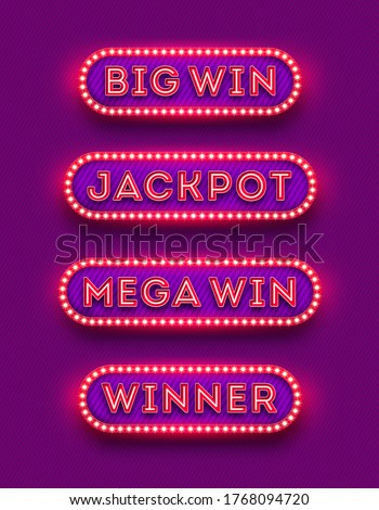 Big win, jackpot, mega win, winner - neon light retro signboard . Big win, jackpot, mega win, winner - light bulb frame signboard. Winner logo. Vector.