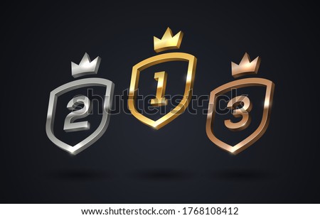 Set of rank emblems - gold, silver, bronze. Shield with rank number and crown. First place, second place and third place signs. Vector illustration.