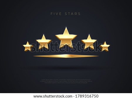Five golden stars. Top quality concept illustration. Rating stars icon. 3d award stars. Vector.