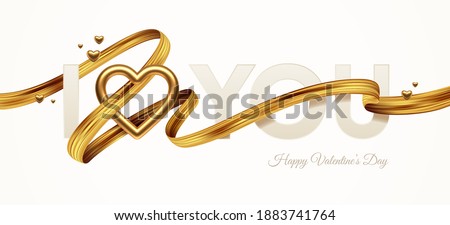 Valentines day greeting illustration. Words I Love You with golden realistic heart and golden paint ribbon. Vector illustration.