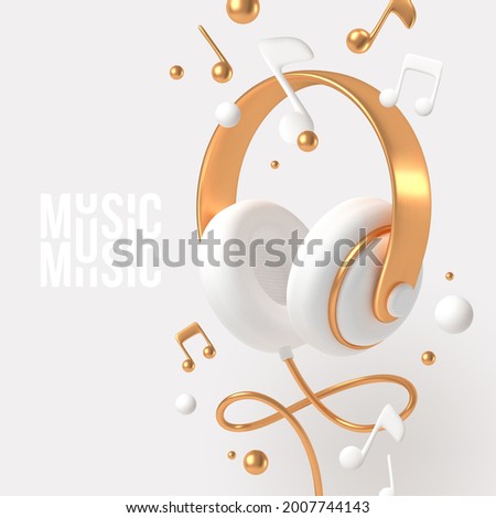 Realistic 3d render headphones with golden elements and musical notes. Vector illustration.