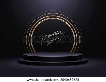 Black podium for premium product presentation. Podium stage with golden arch. Minimal scene with podium, Vector illustration.