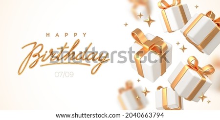 Birthday greeting design. Background with 3d white gift boxes with golden ribbon and bow. Birthday celebration concept. Vector illustration.