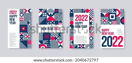 2022 new year greeting card set. Poster set with geometric shapes and pattern. Monochrome design with red elements. Design for greeting card, poster, cover, invitation, Vector illustration.