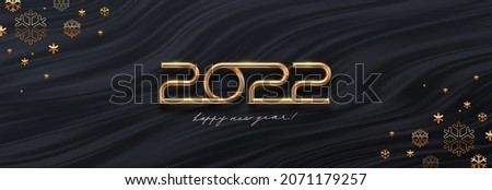 2022 new year greeting card with golden number of year and snowflakes on a black waves abstract background. Design for  invitation, calendar, greeting card, etc.