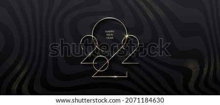 Golden 2022 New Year logo on black striped background with glitter gold. Holiday greeting card. Vector illustration. Holiday design for greeting card, invitation, calendar, etc.