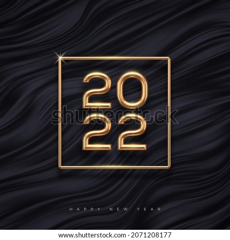 2022 new year golden logo on abstract black waves background. Greeting design with realistic gold metal number of year. Design for greeting card, invitation, calendar, etc.