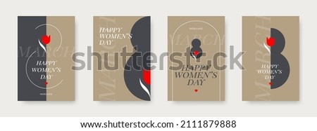 Set of Happy women's day greeting card. March 8 Holiday poster with type design and tulip flower. Design for greeting card, cover, invitation, flyer and etc. International women's day vector. Foto d'archivio © 