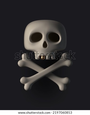 Human cartoon skull with golden tooth and crossbones on black background. 3d render skull. Vector illustration.