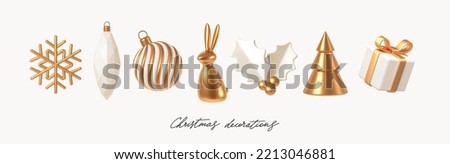 Set of white and gold realistic Christmas decorations. 3d render vector illustration. Design elements for greeting card or invitation. 商業照片 © 