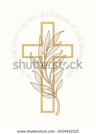 Religion Cross with branch and christian quote. Religious symbol for design of church holidays. Vector illustration.