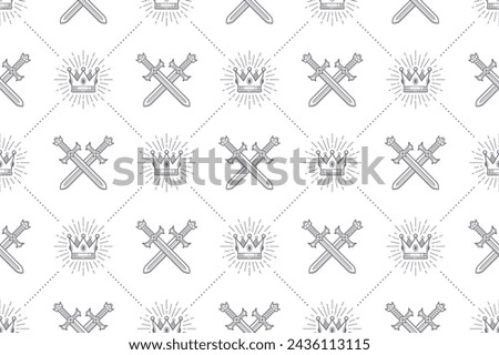 Seamless pattern with crossed swords and royal crown. Vector background design for wallpaper, wrapping paper, book flyleaf, envelope inside, etc.