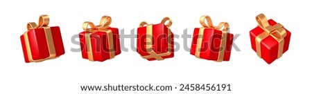 Set of realistic 3d render gift boxes. Red gift box with golden bow and ribbon. Gift box in different angles. Vector illustration.