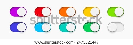 On and Off toggle switch buttons. Material design multicolored switch  buttons set. Vector illustration.