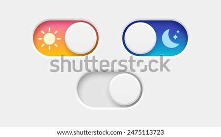 On and Off toggle switch buttons. Day and night mode switch button. Dark mode, light mode. Material design switch buttons set. Vector illustration.