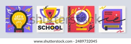 Back to school banner set. Simple flat design with grain texture. Education flyer. Vector illustration.