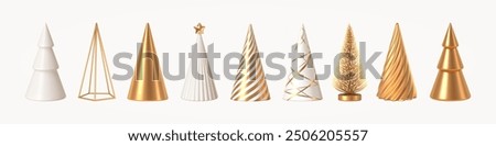 Set of different style Christmas tree cone. Christmas decorations. White and golden 3d render realistic abstract Christmas trees.  Vector illustration.