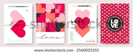 Set of Valentines Day greeting card. Trendy minimalist aesthetic design with hearts, typograpty and lettering. Template for invitation, cover, banner, poster, flyer. Vector illustration.