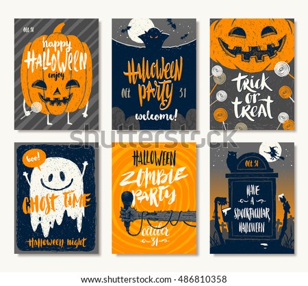 Vector set of Halloween holidays hand drawn invitation or greeting card with handwritten calligraphy greetings, words and phrases.