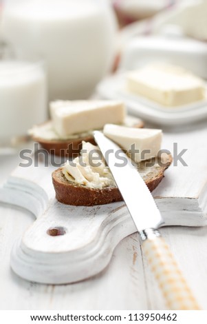 Slice of bread with cream cheese for breakfast