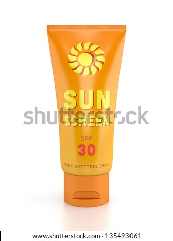 Tube Container Of Sun Cream Isolated On White Glossy Background. Summer ...