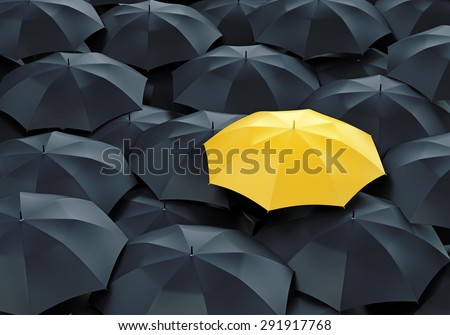 Unique yellow umbrella among many dark ones. Standing out from crowd, individuality and difference concept. Foto stock © 