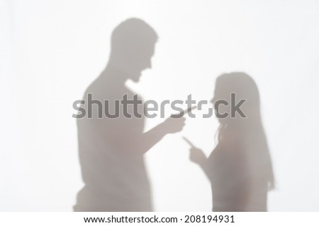 Silhouette of man and woman standing on white background making clear their relationships