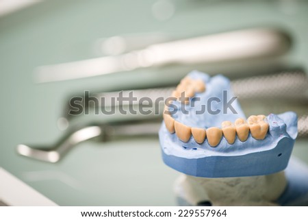 Selective focus on the false tooth lying near the steel dentist equipment on background