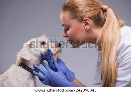 Animals are her first love. A young beautiful vet being affectionate with an equally affectionate canine against grey background
