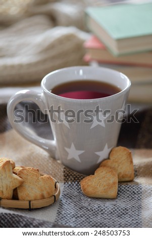 What a wonderful evening. Still life image of winter cup of tea in plaid with book and pastry on the background