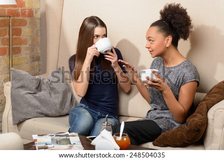 Friends in coffee shop. Two young female friends sitting in cafe and talking to each other and laughing