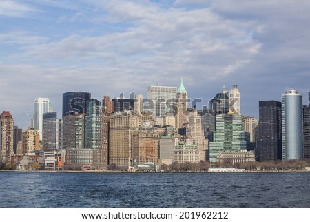 New York. view of lower Manhattan and battery park Skyline on a spring afternoon 2011. View from boat.