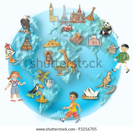 Globe. World View With Multicultural Kids And Icons, Representing ...