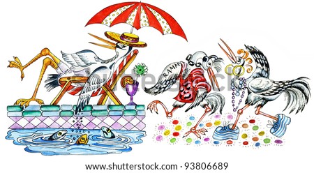 Cartoon illustration: heron`s family on vacation. While adult heron relaxes under beach umbrella at the poolside, teens are dancing.